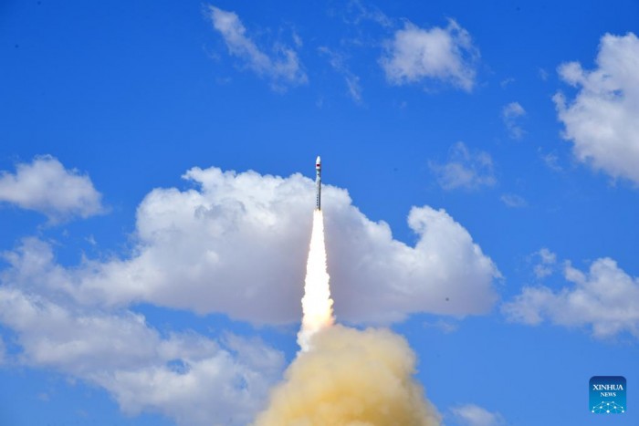 A Lijian-1 carrier rocket carrying six new satellites blasts off from the Jiuquan Satellite Launch Center in northwest China, July 27, 2022. The satellites, including a new space technology test satellite and a test satellite for probing atmospheric density, were launched by the Lijian-1 carrier rocket at 12:12 p.m. Beijing Time and entered the orbit successfully. (Photo by Wang Jiangbo/Xinhua)