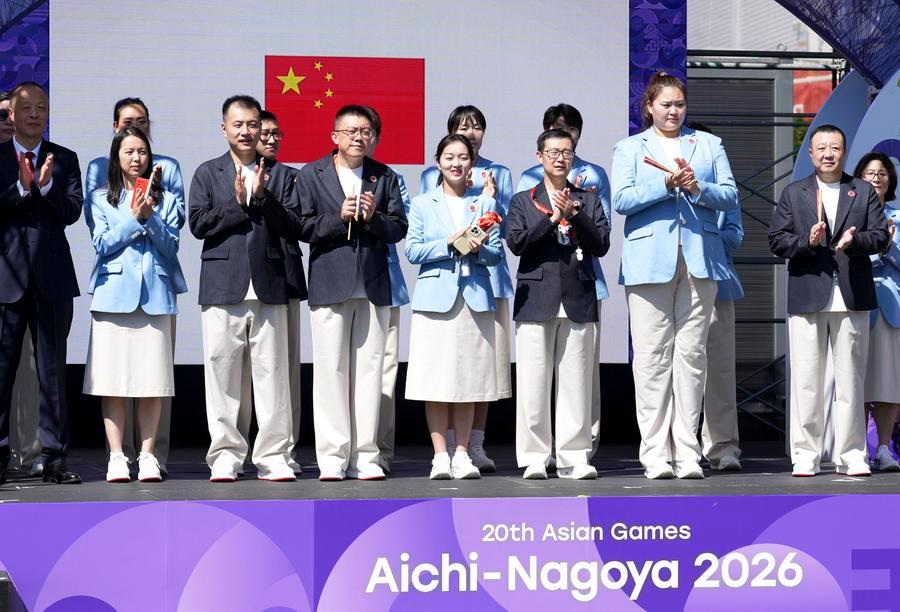 Jogos Asiáticos de Aichi-Nagoya Membros da delegação chinesa participam da cerimônia de boas-vindas às equipes para os 20º Jogos Asiáticos de Aichi-Nagoya 2026, em 17 de setembro de 2026. (Xinhua/Jia Yuchen)